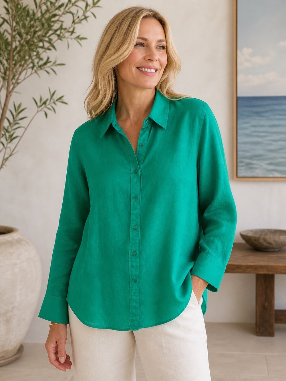 Soft Surroundings Linen Button Front Blouse Size Large Emerald Green Relaxed Fit